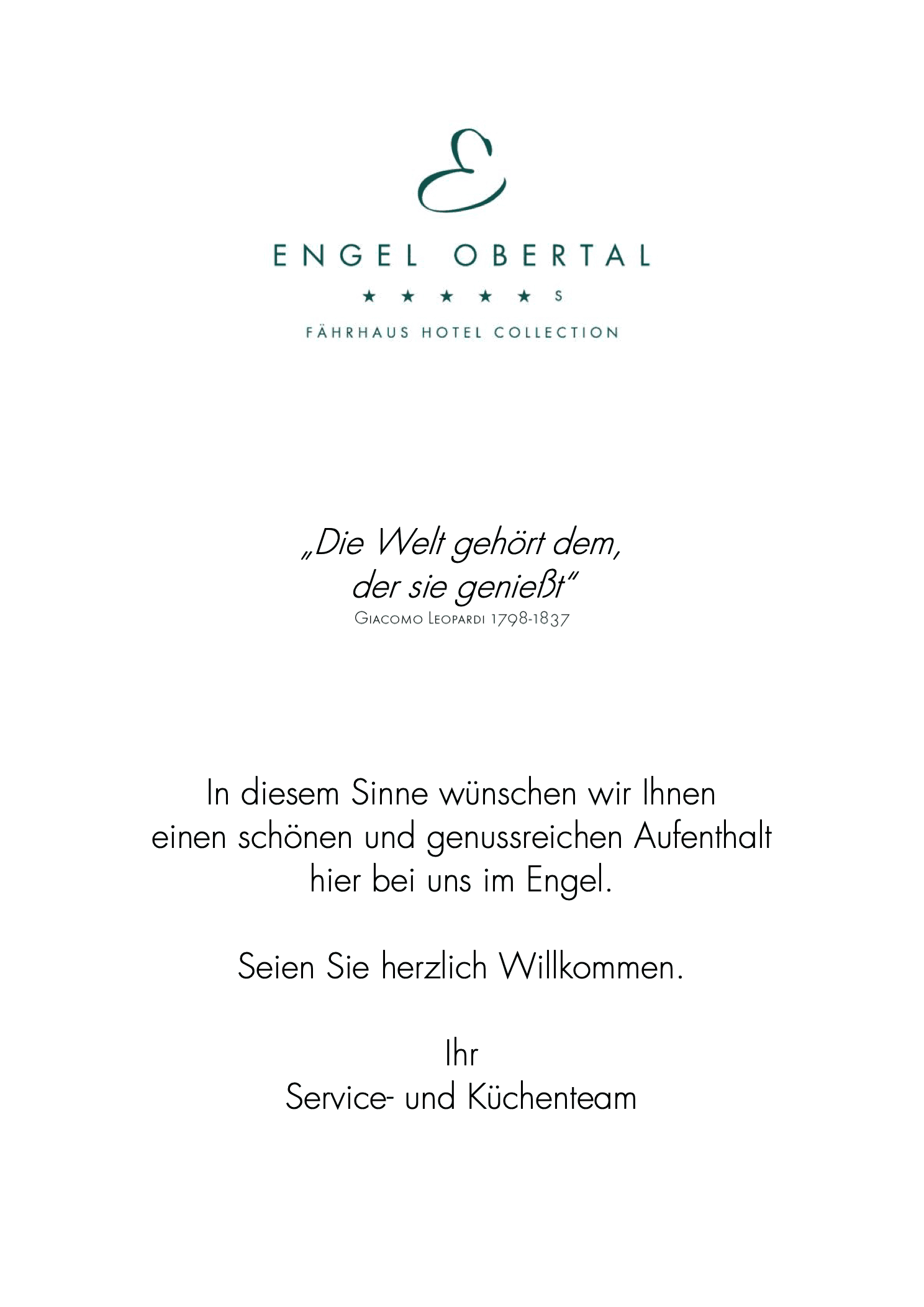Deckblatt der À-la-carte-Karte Sommer 2026 mit dem Logo des Engel Obertal und einem Willkommensgruß von Service- und Küchenteam.
