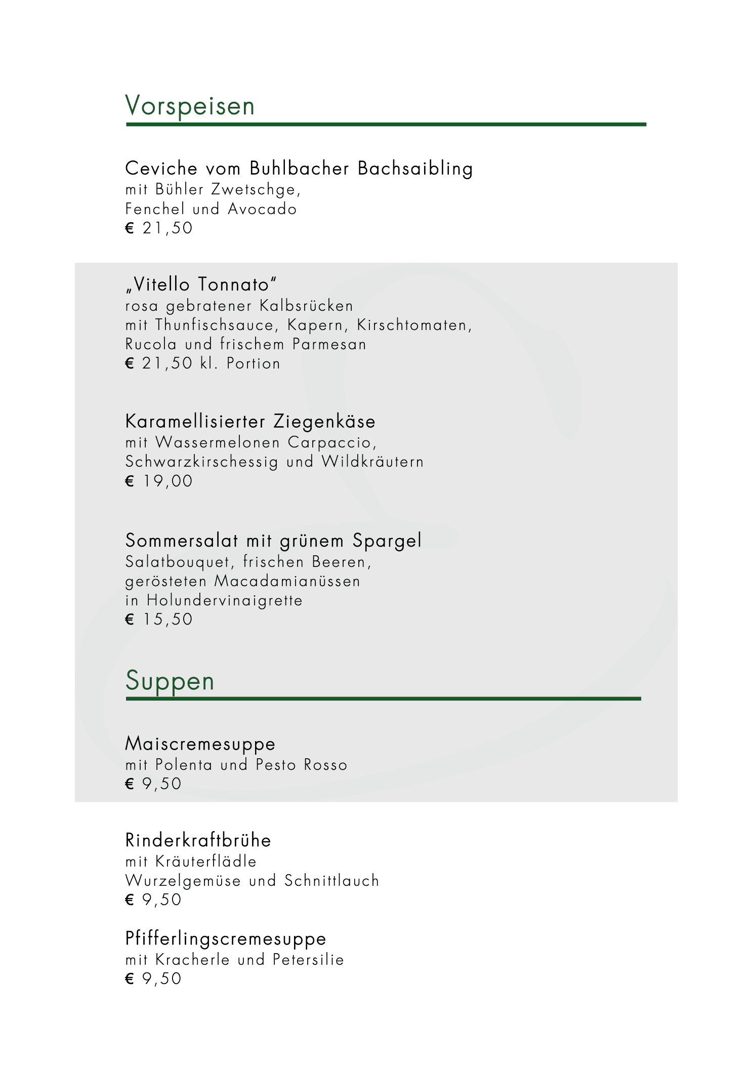 Seite 2 der À-la-carte-Karte Sommer 2026: Vorspeisen mit Ceviche vom Buhlbacher Bachsaibling und Vitello Tonnato.
