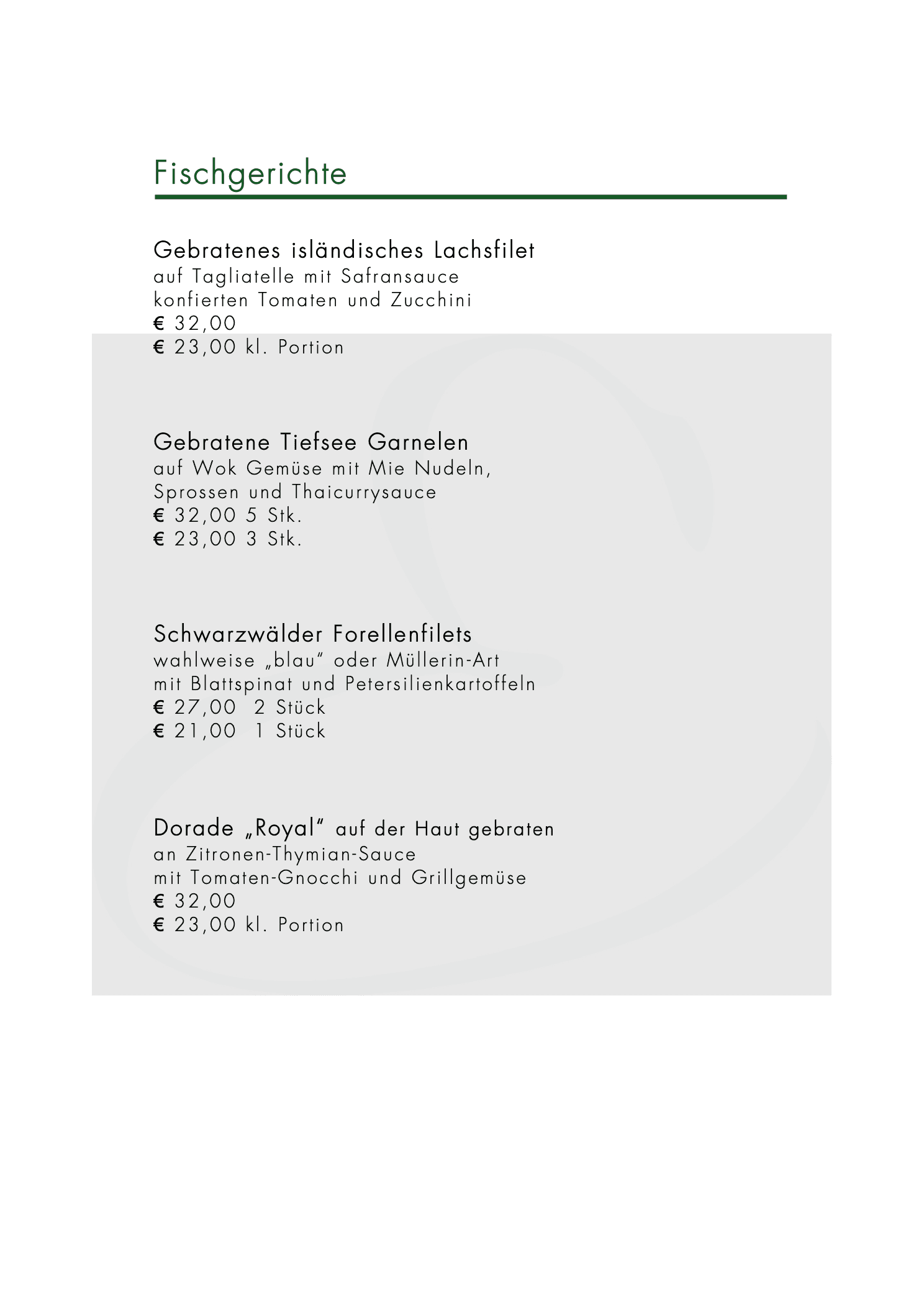 Seite 3 der À-la-carte-Karte Sommer 2026: Fischgerichte mit isländischem Lachsfilet und Tiefsee-Garnelen.