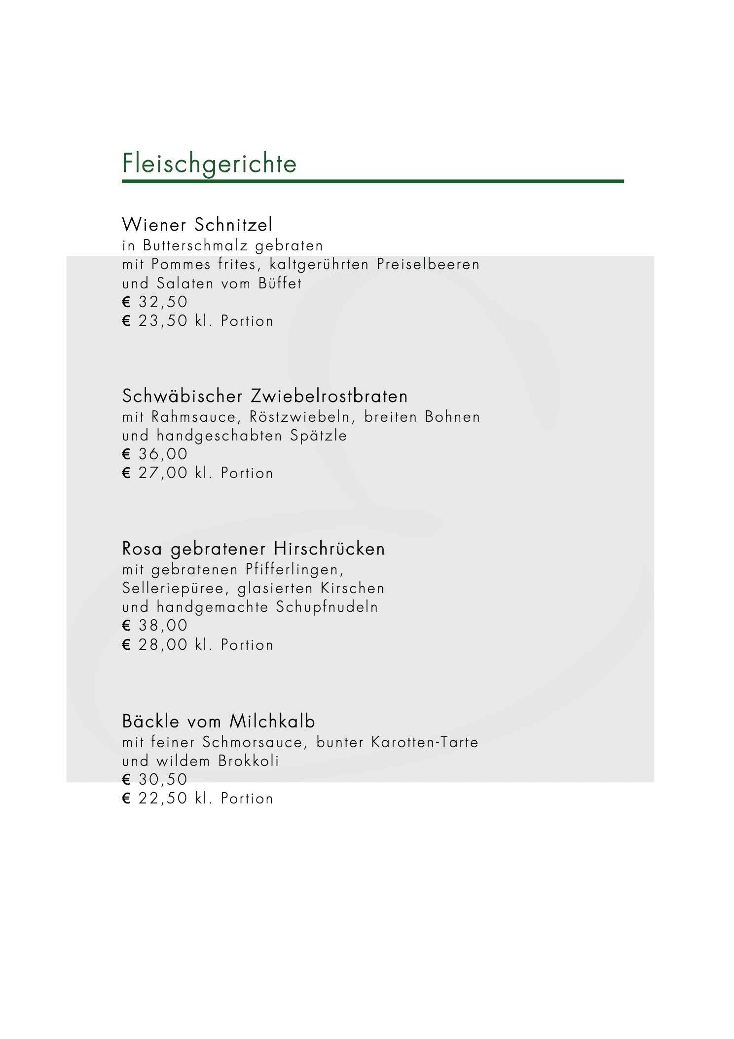 Seite 4 der À-la-carte-Karte Sommer 2026: Fleischgerichte mit Wiener Schnitzel und Schwäbischem Zwiebelrostbraten.