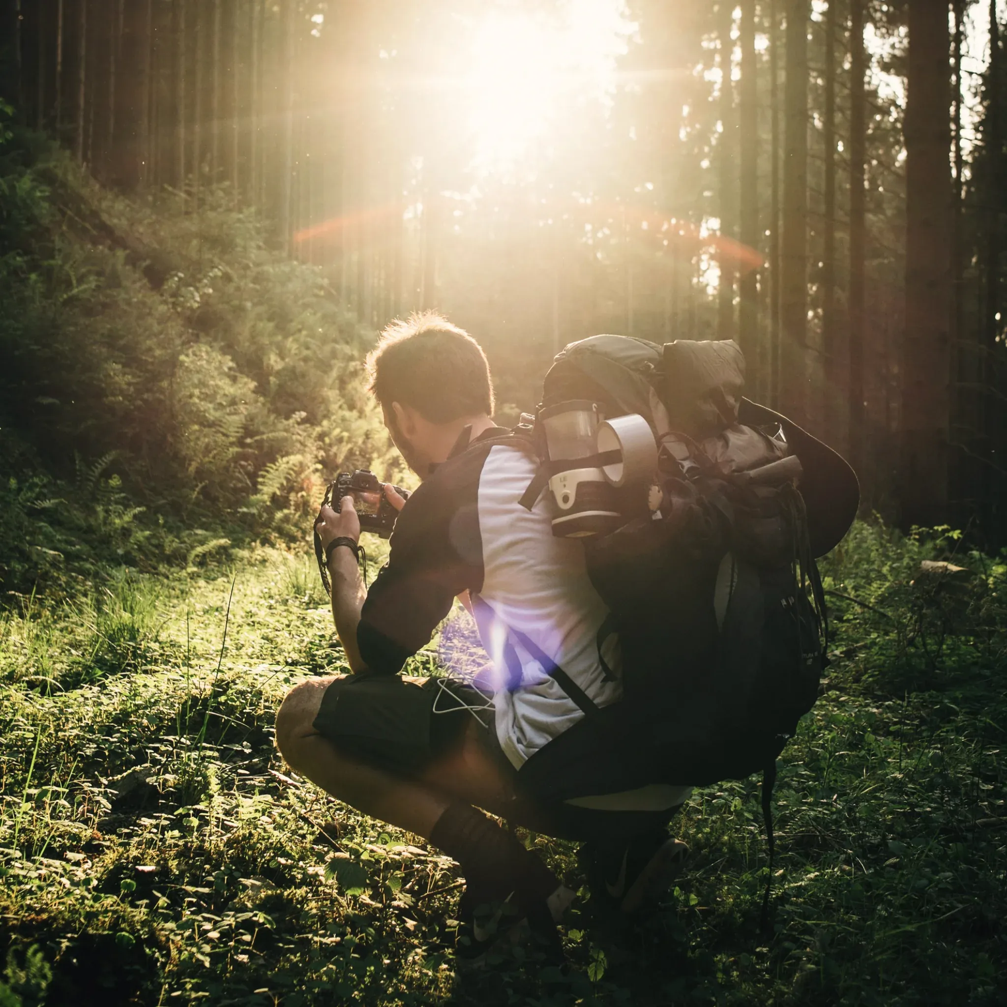 Wanderer mit großem Rucksack geht durch einen Wald im Gegenlicht.