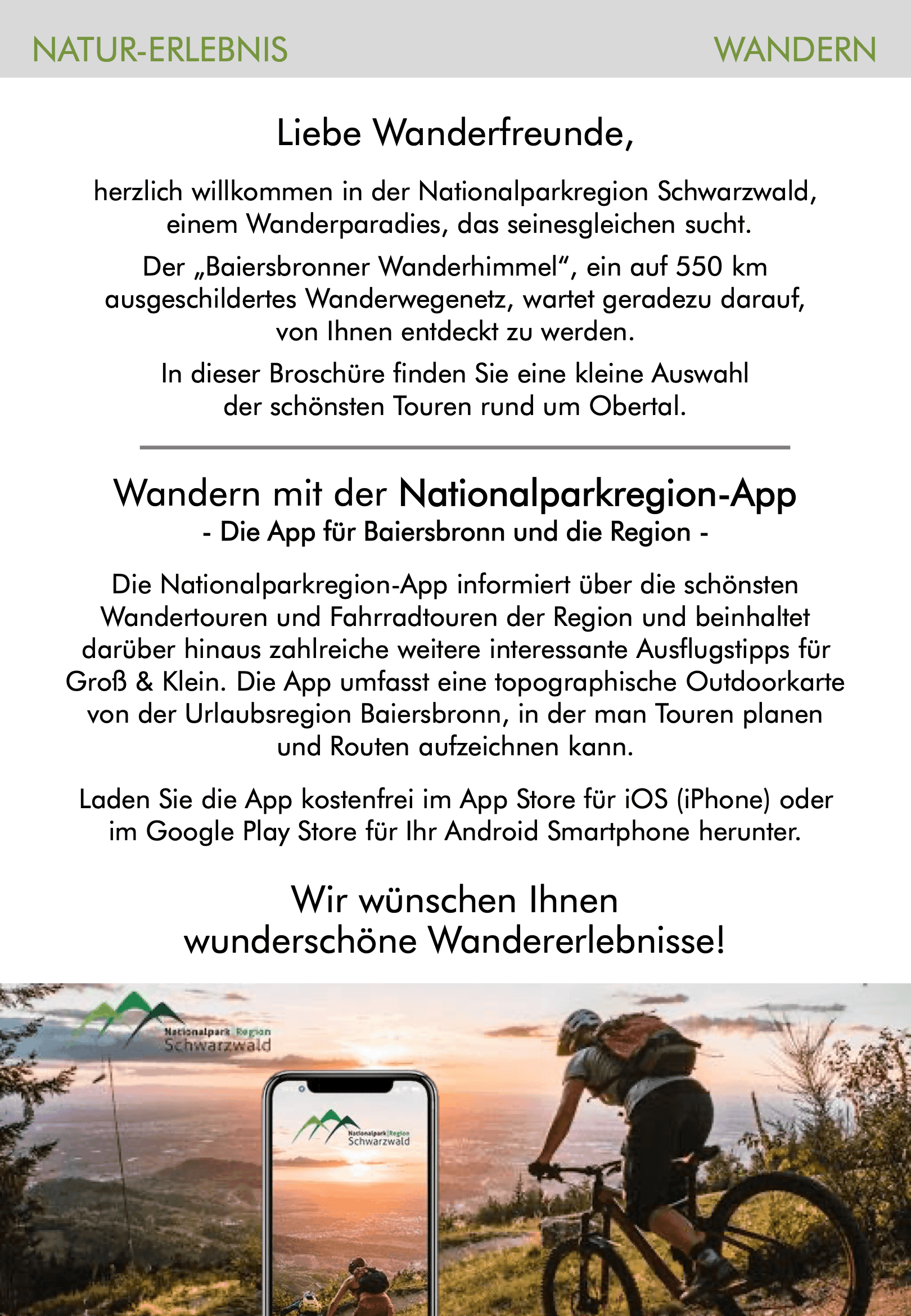 Wandertouren-Broschüre Seite 2: Begrüßung und Hinweis auf die Nationalparkregion-App