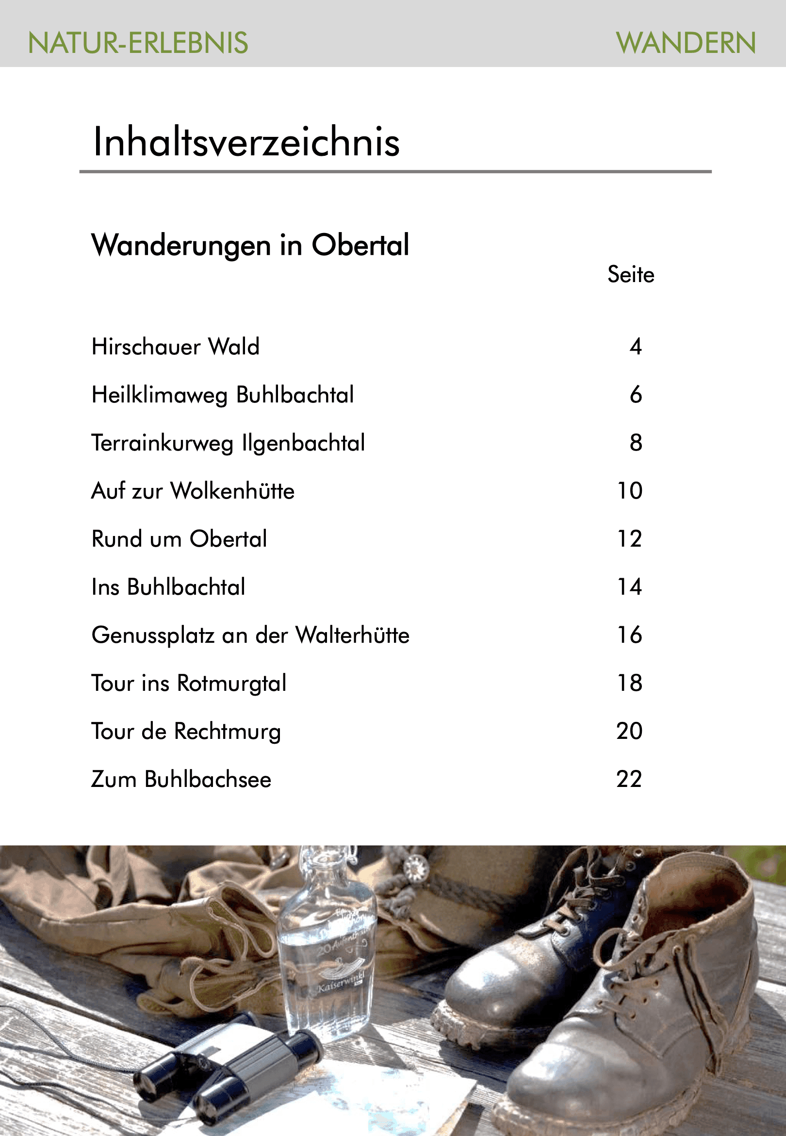 Wandertouren-Broschüre Seite 3: Inhaltsverzeichnis der zehn Wandertouren