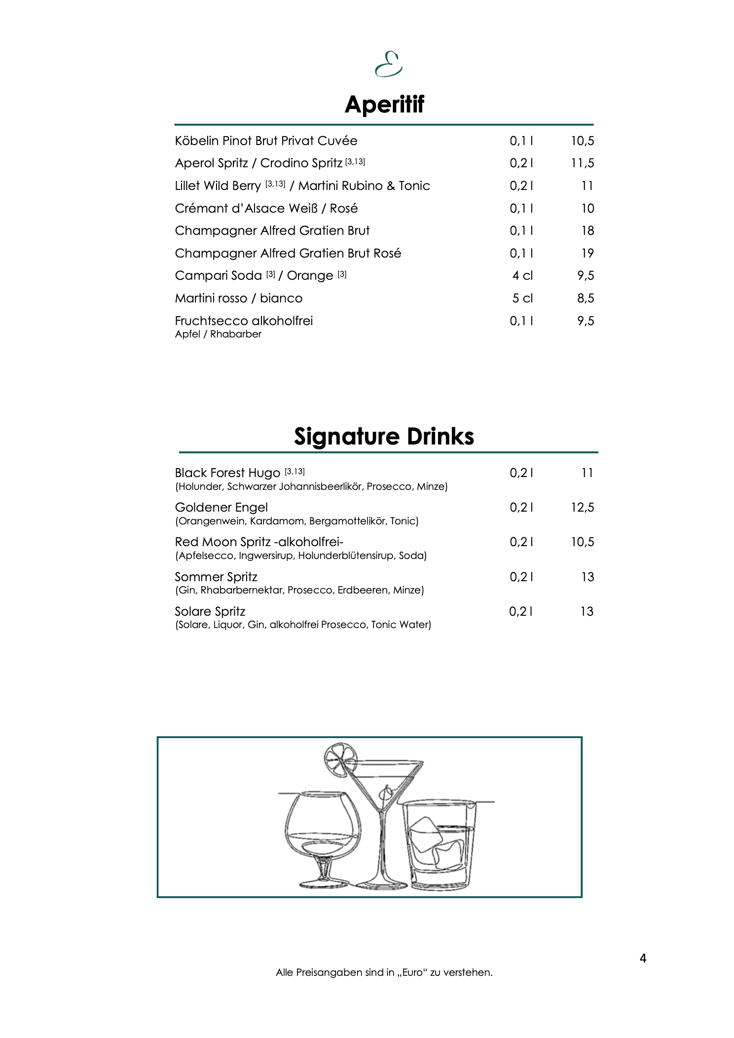 Weinkarte, Seite 4: Aperitifs mit Köbelin Pinot Brut, Aperol Spritz und Lillet.
