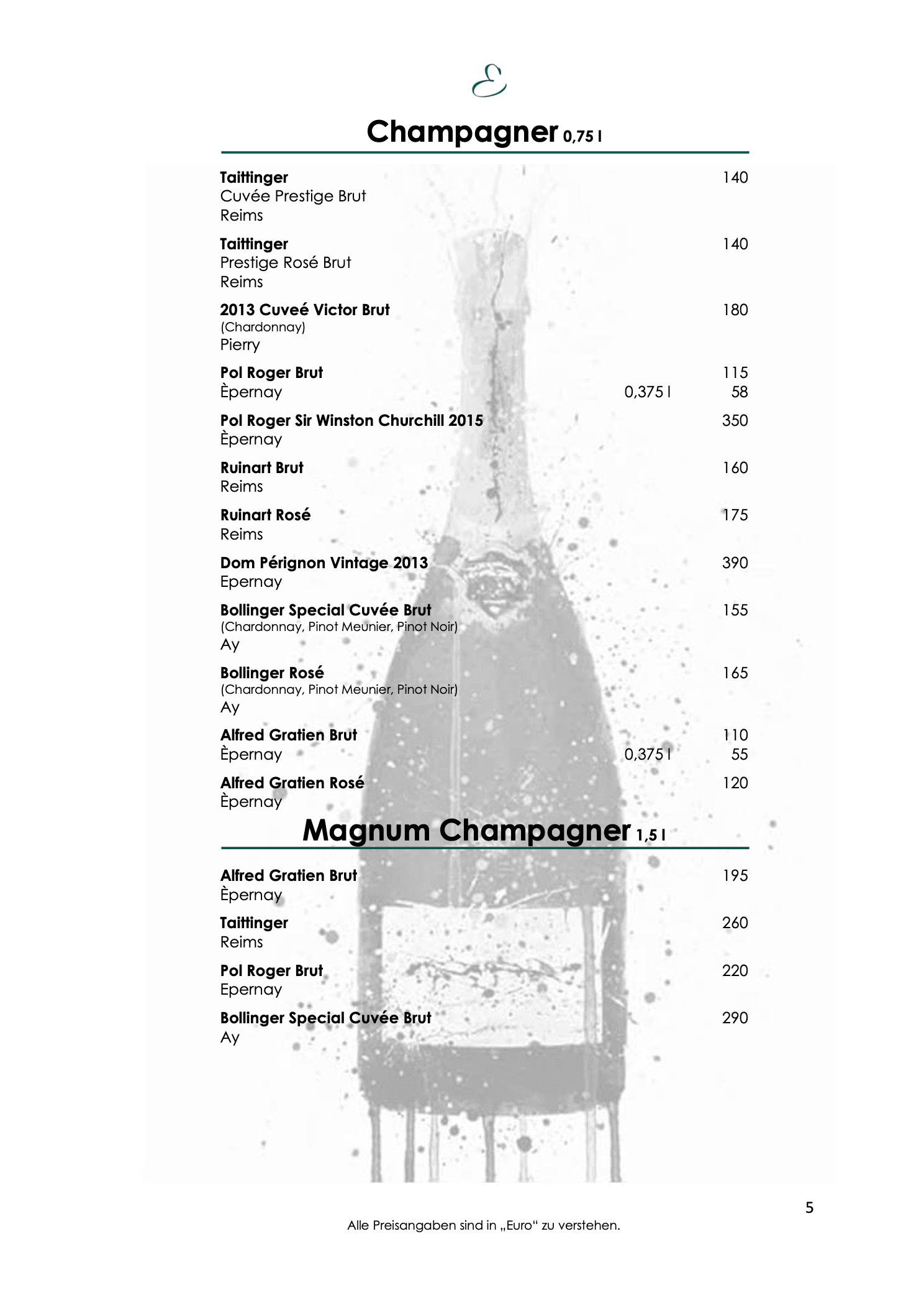 Weinkarte, Seite 5: Champagner, darunter Taittinger Cuvée Prestige Brut aus Reims.