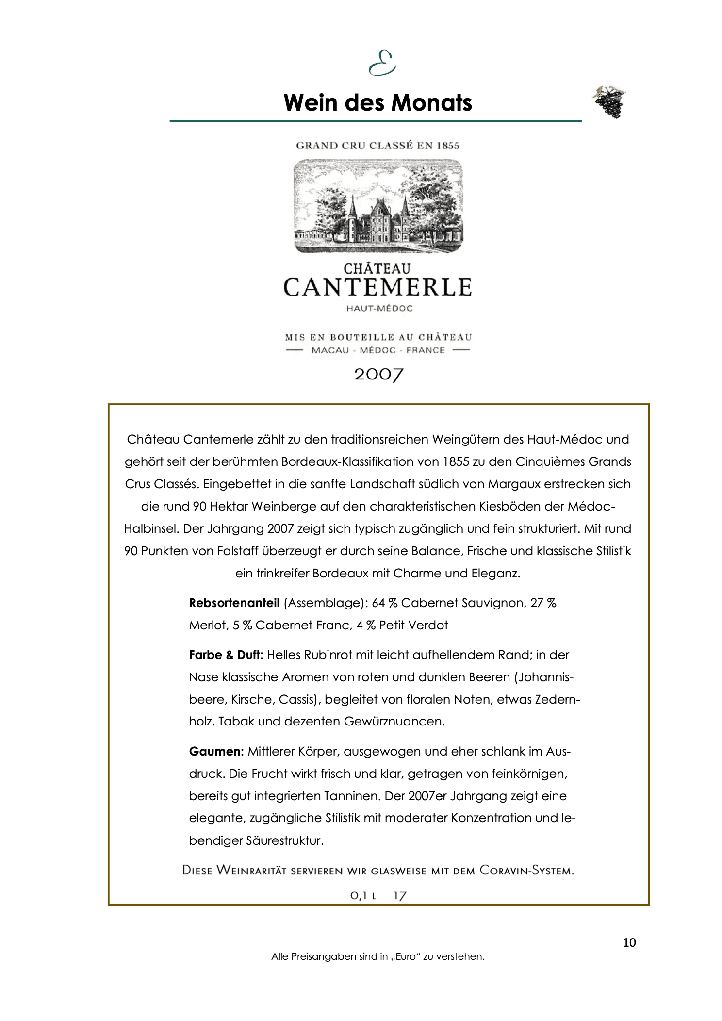 Weinkarte, Seite 10: Wein des Monats mit dem Château Cantemerle aus dem Haut-Médoc.