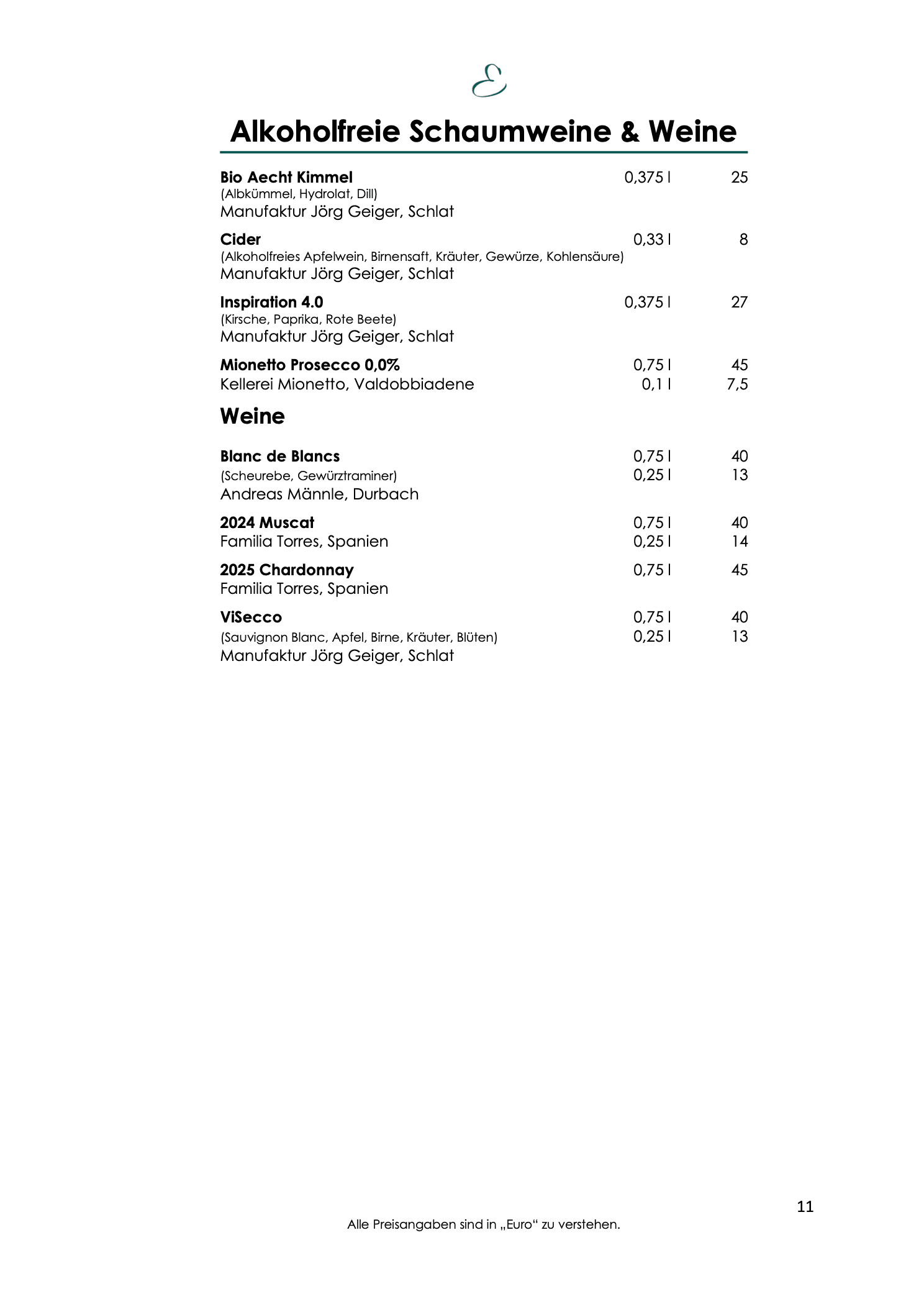 Weinkarte, Seite 11: alkoholfreie Schaumweine und Weine sowie Bio-Spezialitäten der Manufaktur Jörg Geiger.