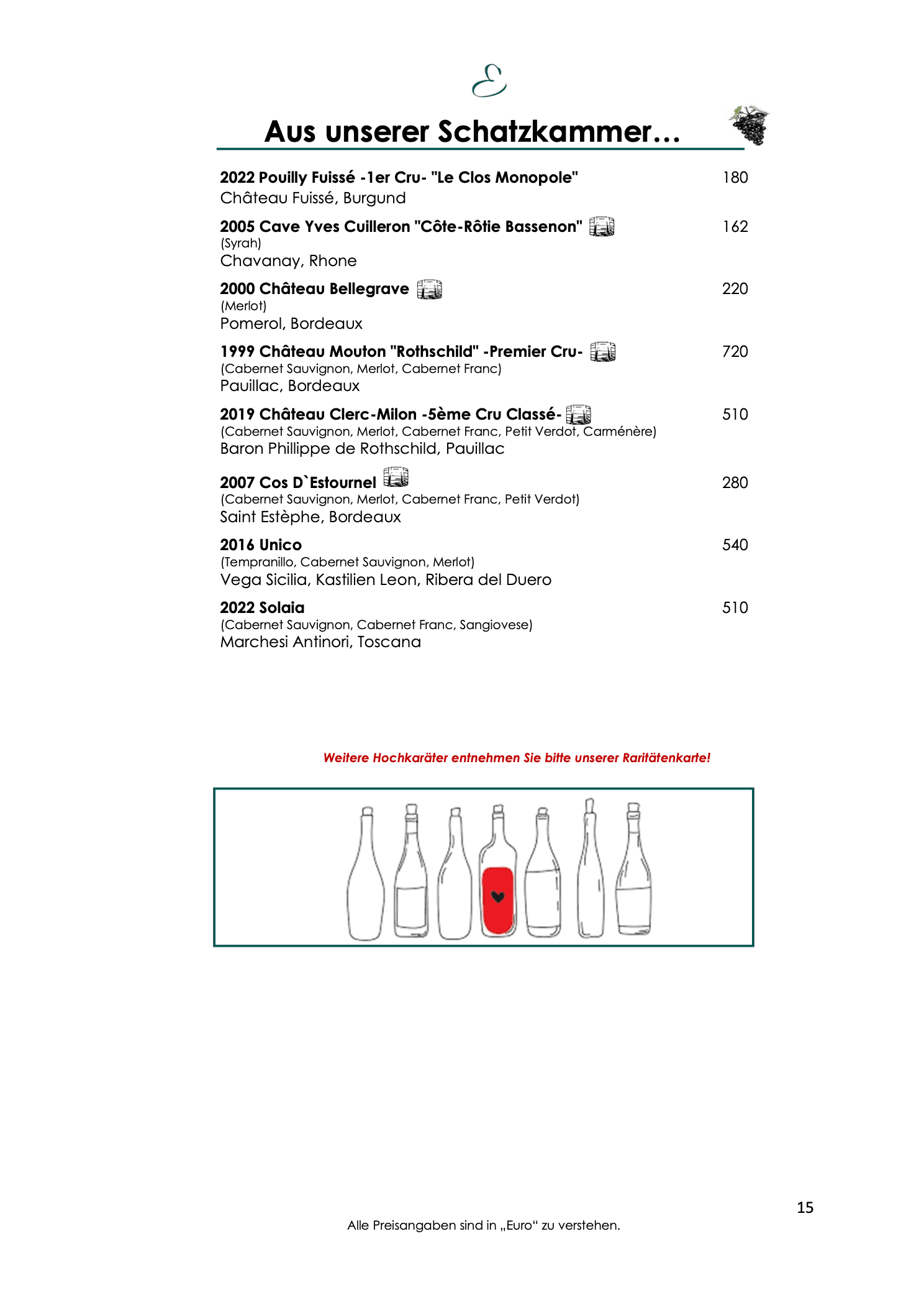 Weinkarte, Seite 15: „Aus unserer Schatzkammer“ mit Raritäten aus Burgund und Bordeaux.