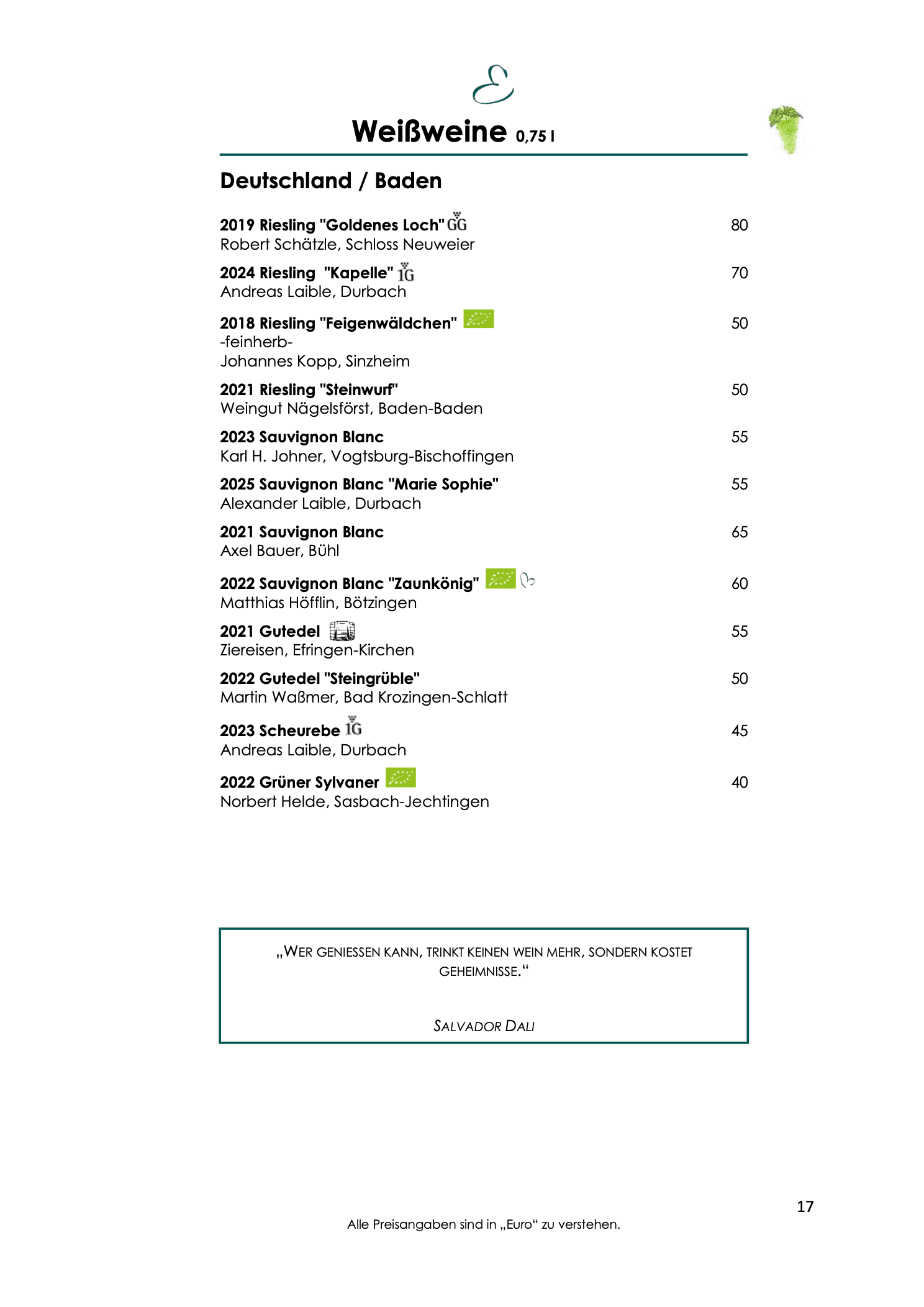 Weinkarte, Seite 17: weitere Weißweine aus Baden, unter anderem Riesling von Schloss Neuweier.