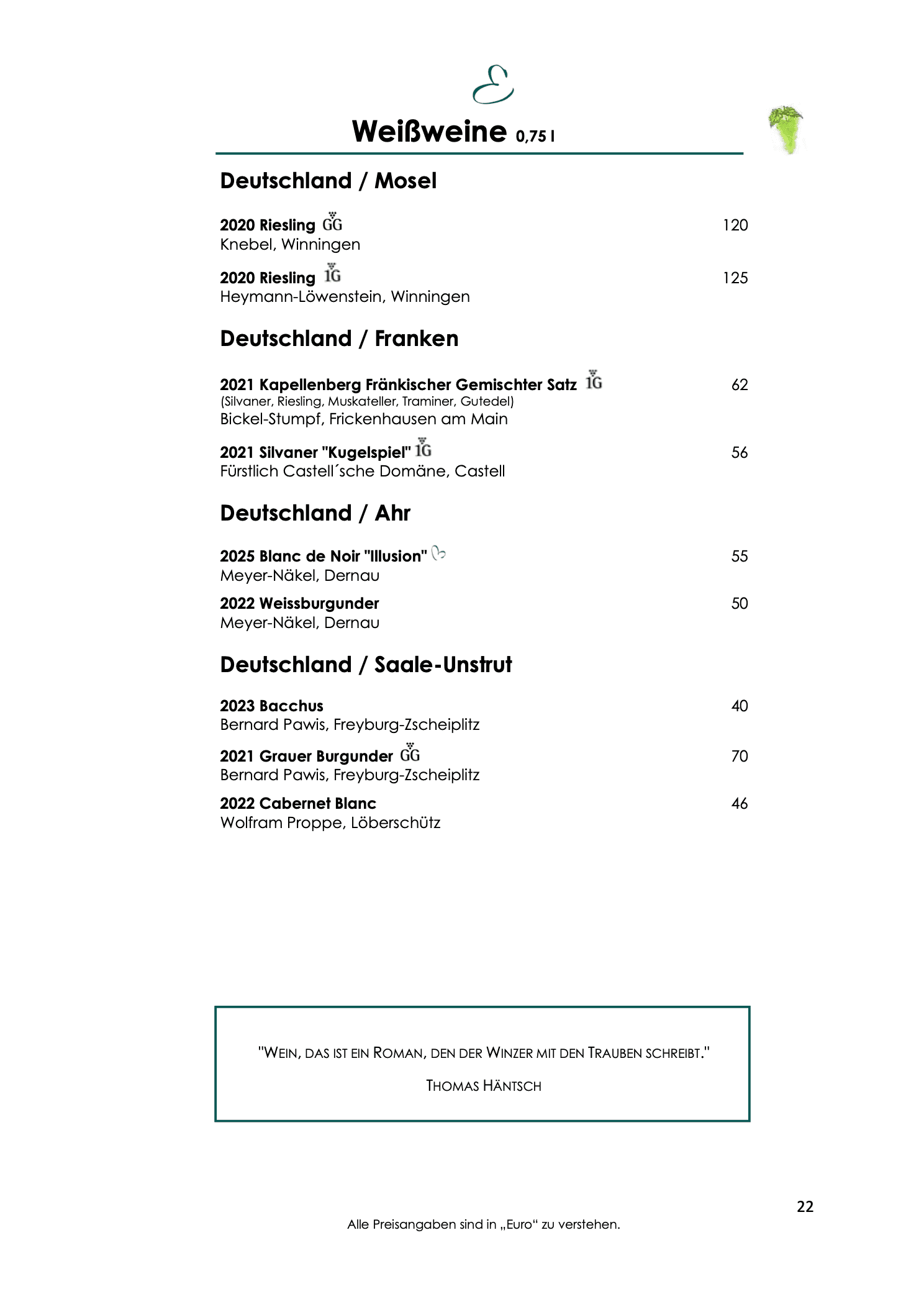 Weinkarte, Seite 22: Rieslinge von der Mosel, unter anderem Knebel und Heymann-Löwenstein.