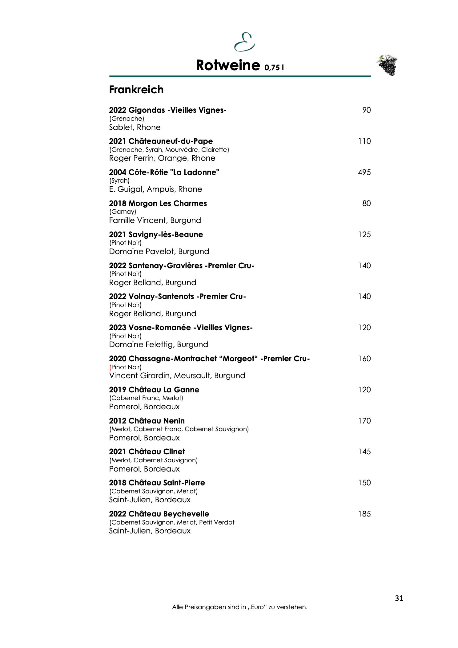 Weinkarte, Seite 31: Rotweine aus Frankreich mit Gigondas und Châteauneuf-du-Pape von der Rhône.