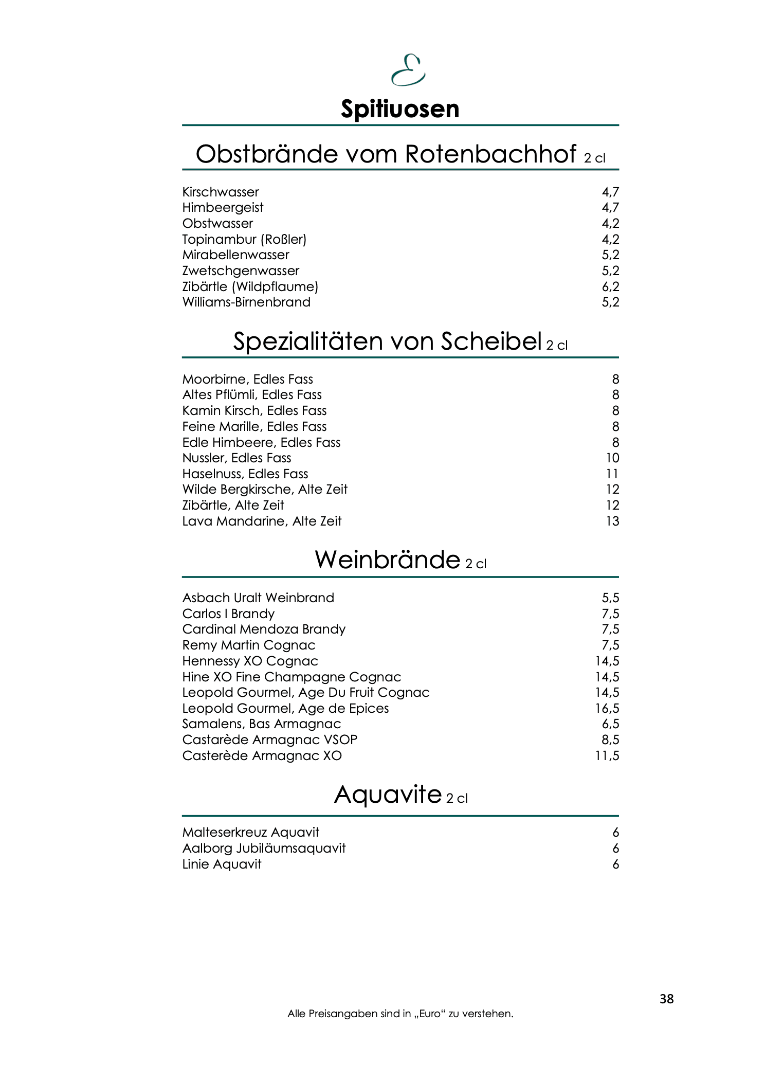 Weinkarte, Seite 38: Spirituosen mit Obstbränden vom Rotenbachhof, von Kirschwasser bis Topinambur.