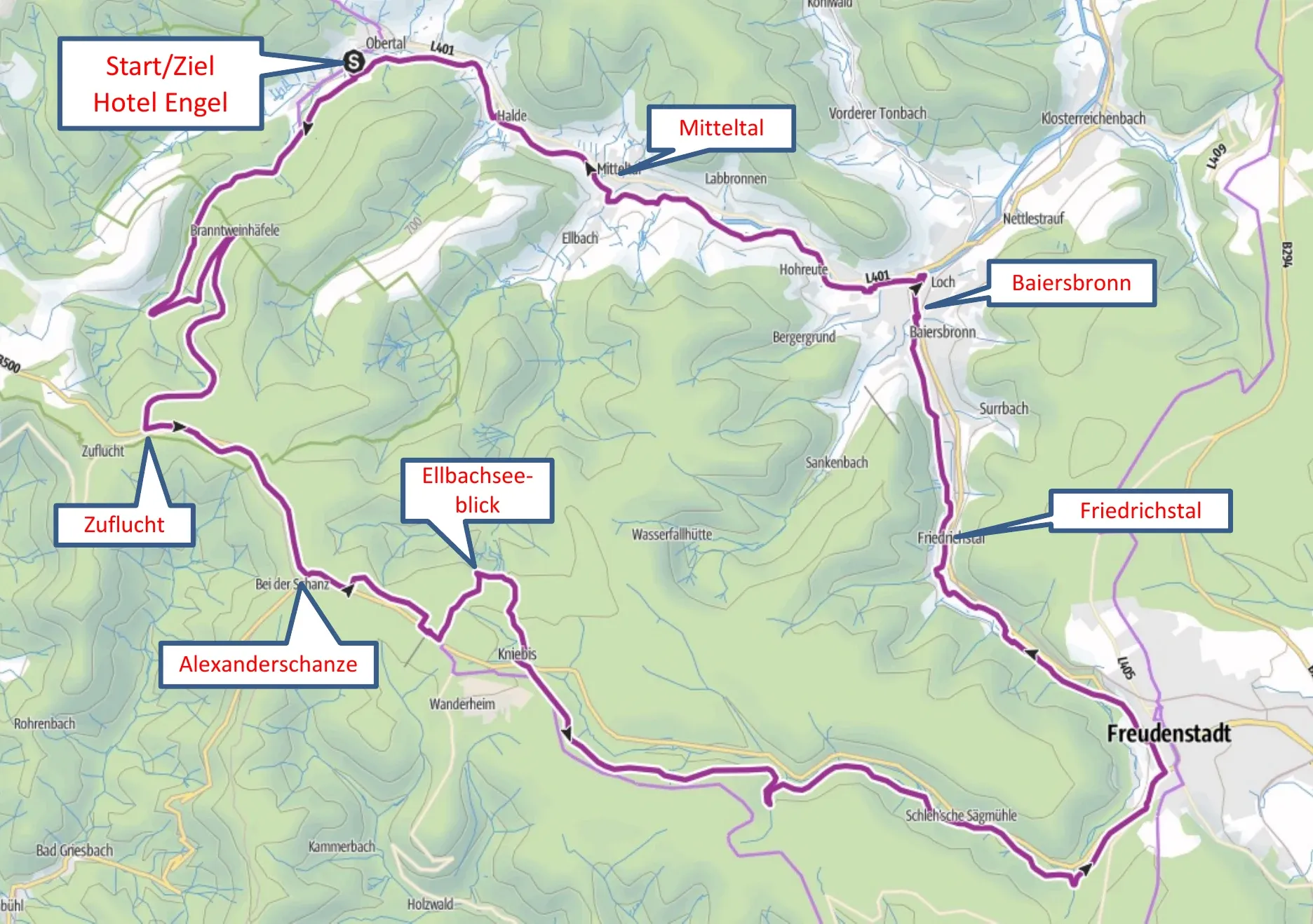 Radtourenkarte der Schwarzwaldhochstraße-Runde ab Hotel Engel Obertal mit Route über Zuflucht, Alexanderschanze, Kniebis und Freudenstadt.