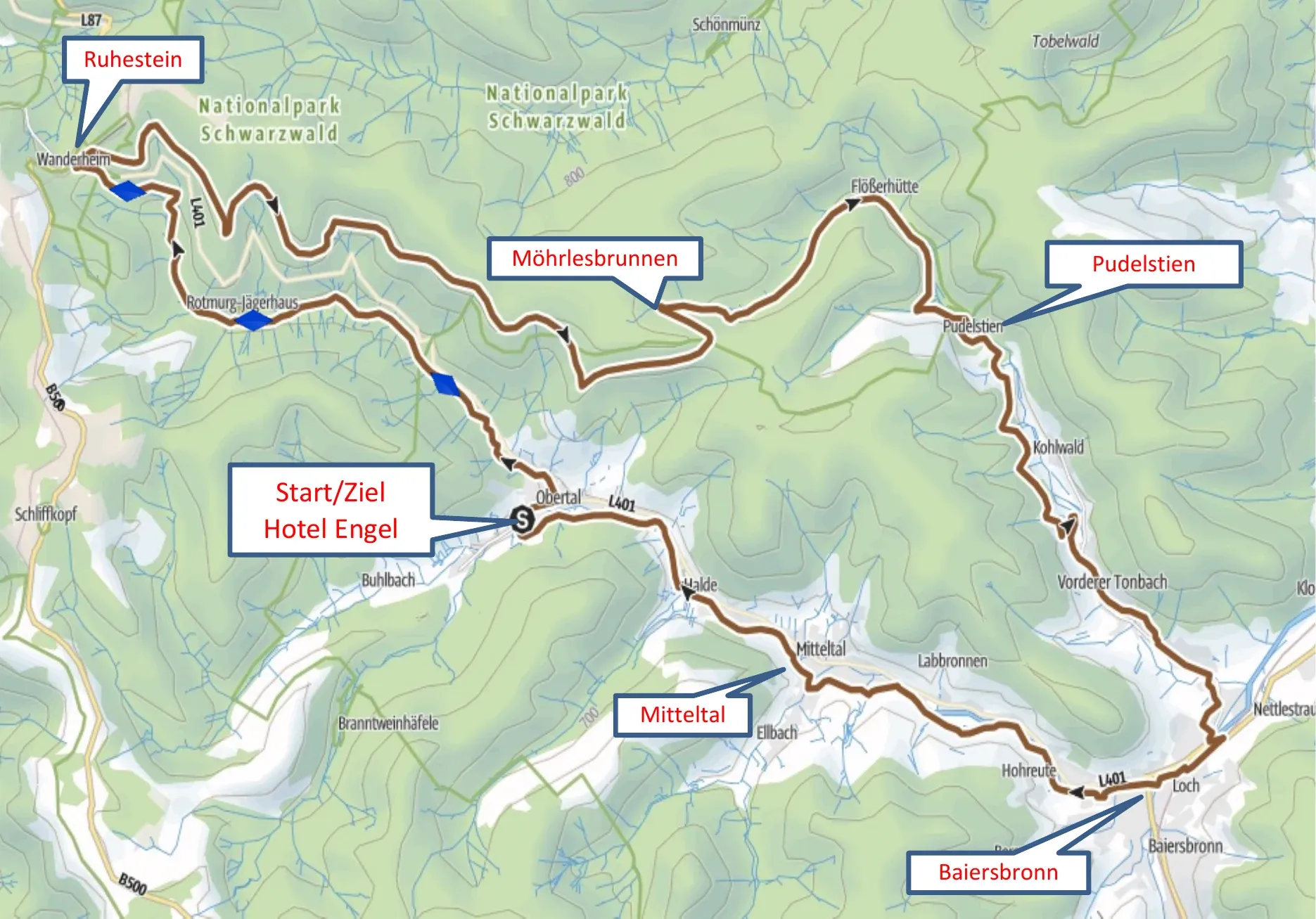 Radtourenkarte der T4-Ruhestein-Runde ab Hotel Engel Obertal mit Route über Ruhestein, Möhrlesbrunnen, Tonbachtal und Baiersbronn.