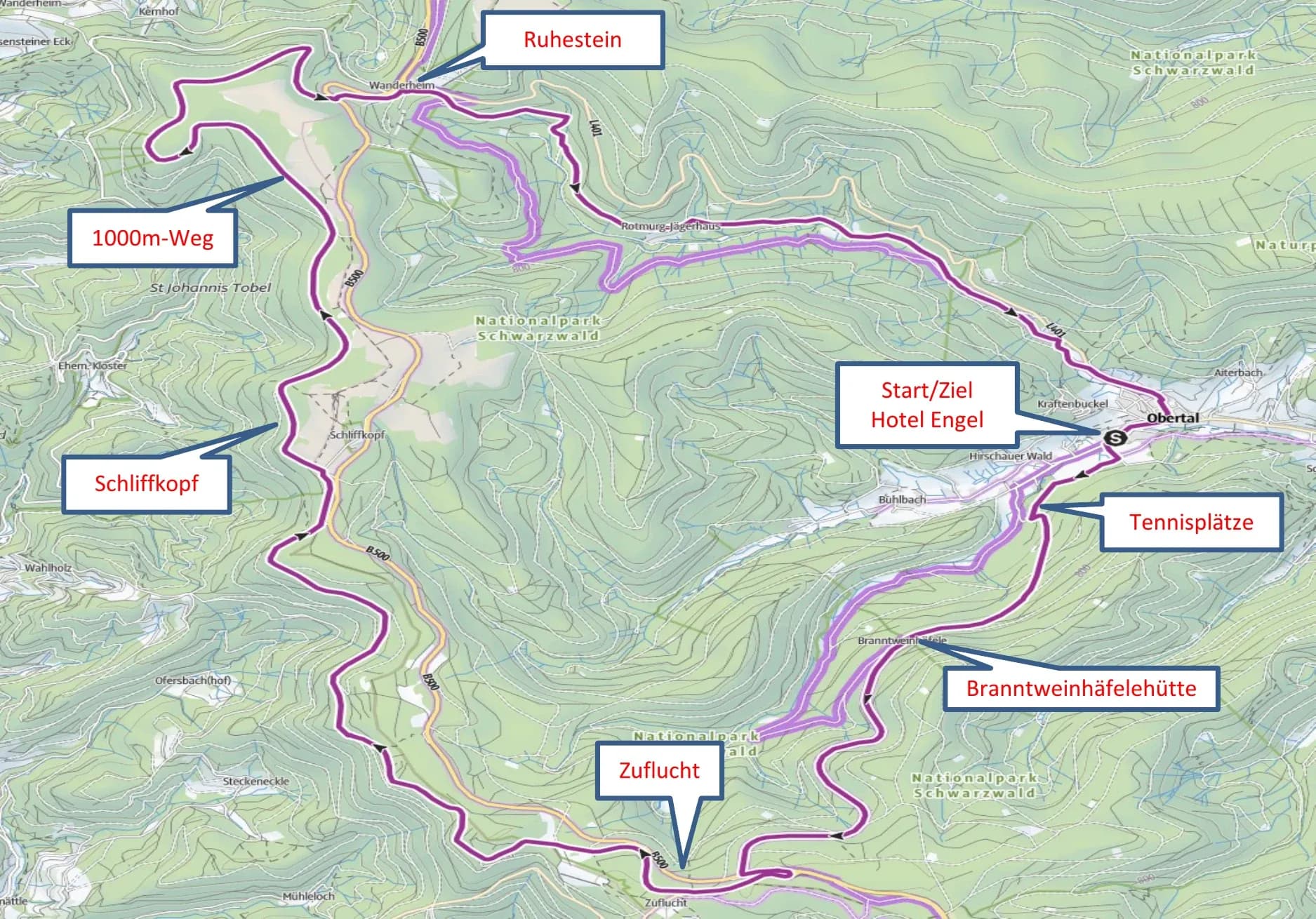 Radtourenkarte der Zuflucht-Ruhestein-Runde ab Hotel Engel Obertal mit Route über Branntweinhäfelehütte, Zuflucht, Schliffkopf und Ruhestein.