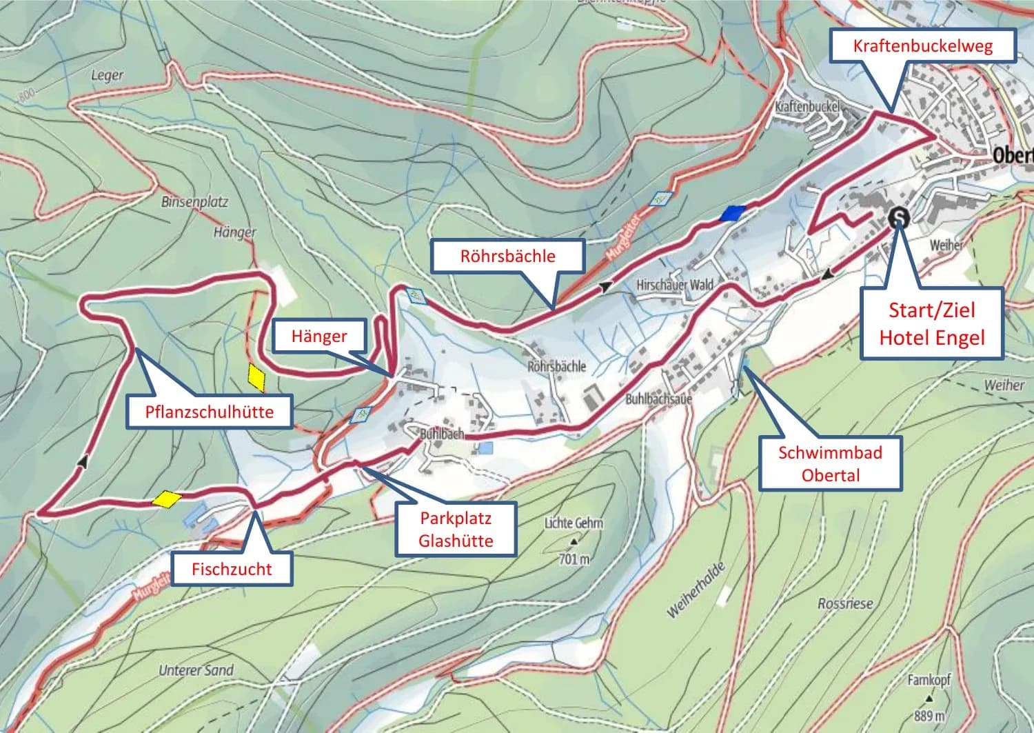 Wanderkarte der Tour ins Buhlbachtal ab Hotel Engel Obertal mit Route über Parkplatz Glashütte, Fischzucht, Pflanzschulhütte und Hänger.