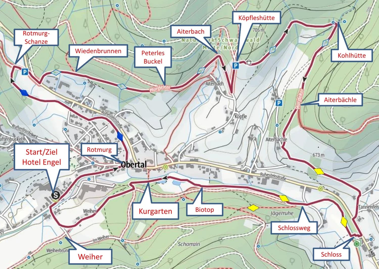 Wanderkarte der Rundtour um Obertal ab Hotel Engel mit Route über Rotmurg-Schanze, Wiedenbrunnen, Köpfleshütte, Kohlhütte und Schloss.