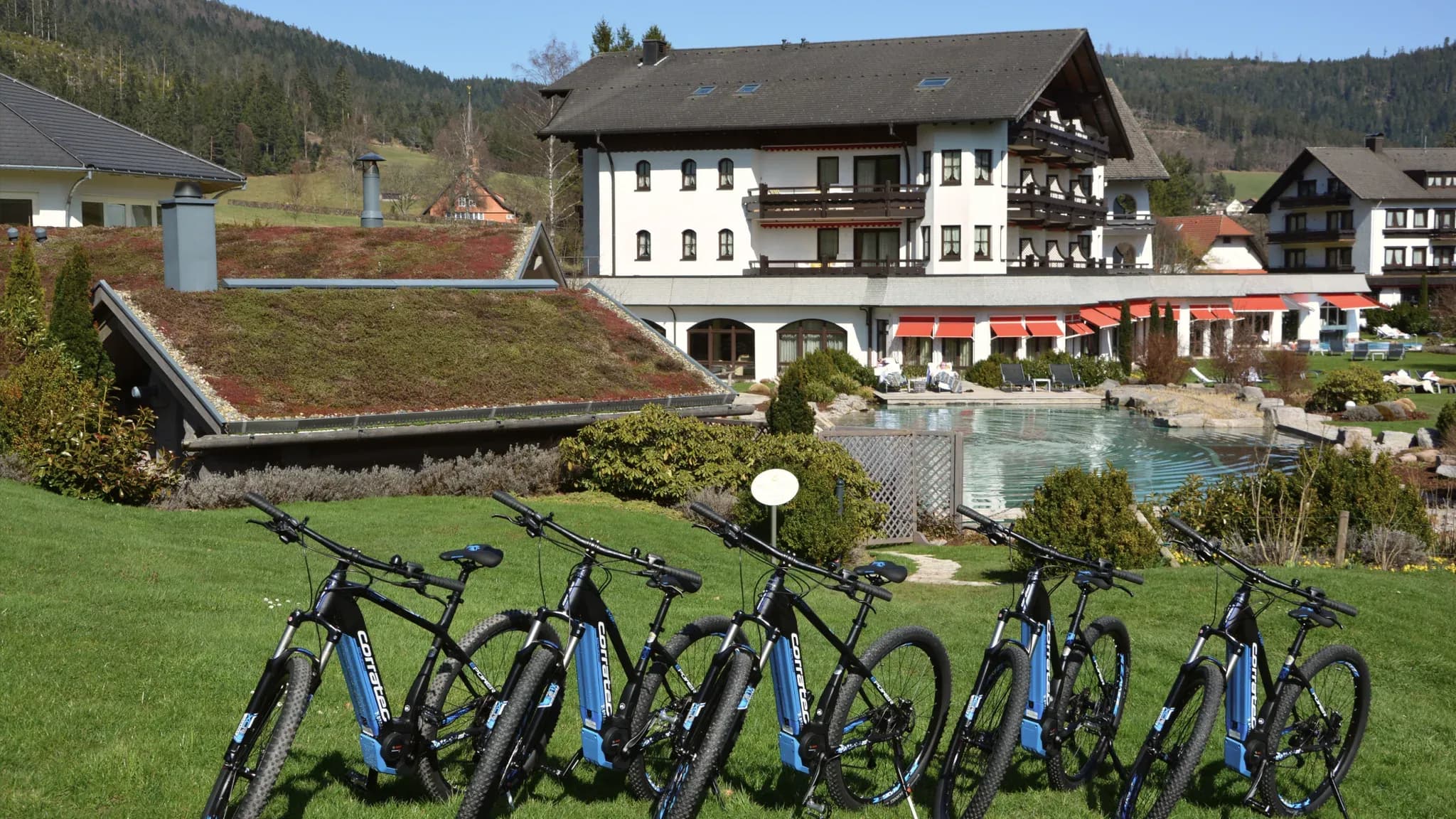 Reihe blauer E-Bikes auf der Wiese vor dem Hotel mit Naturpool.