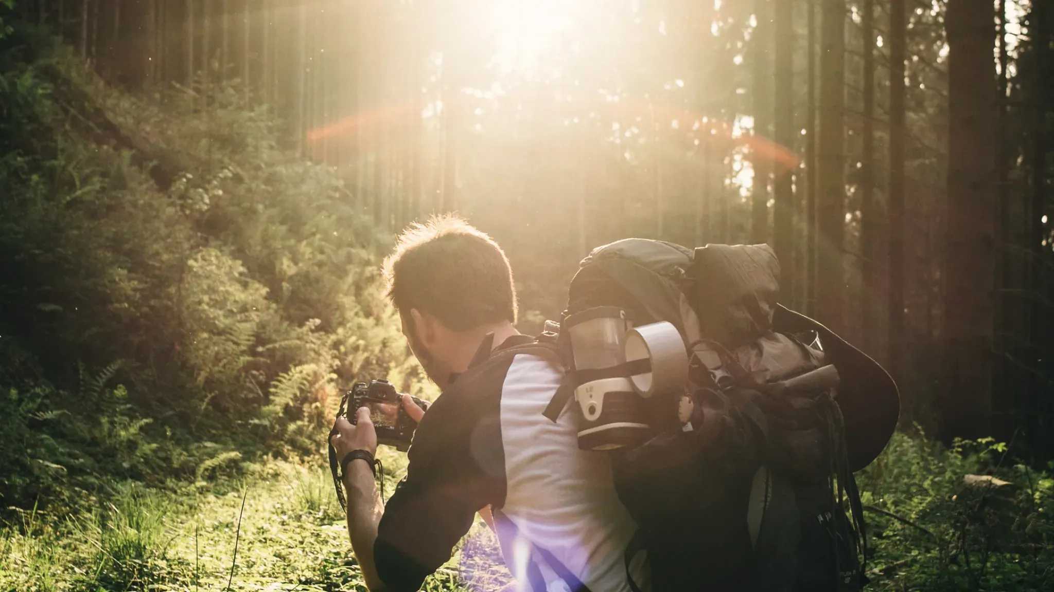 Wanderer mit großem Rucksack geht durch einen Wald im Gegenlicht.