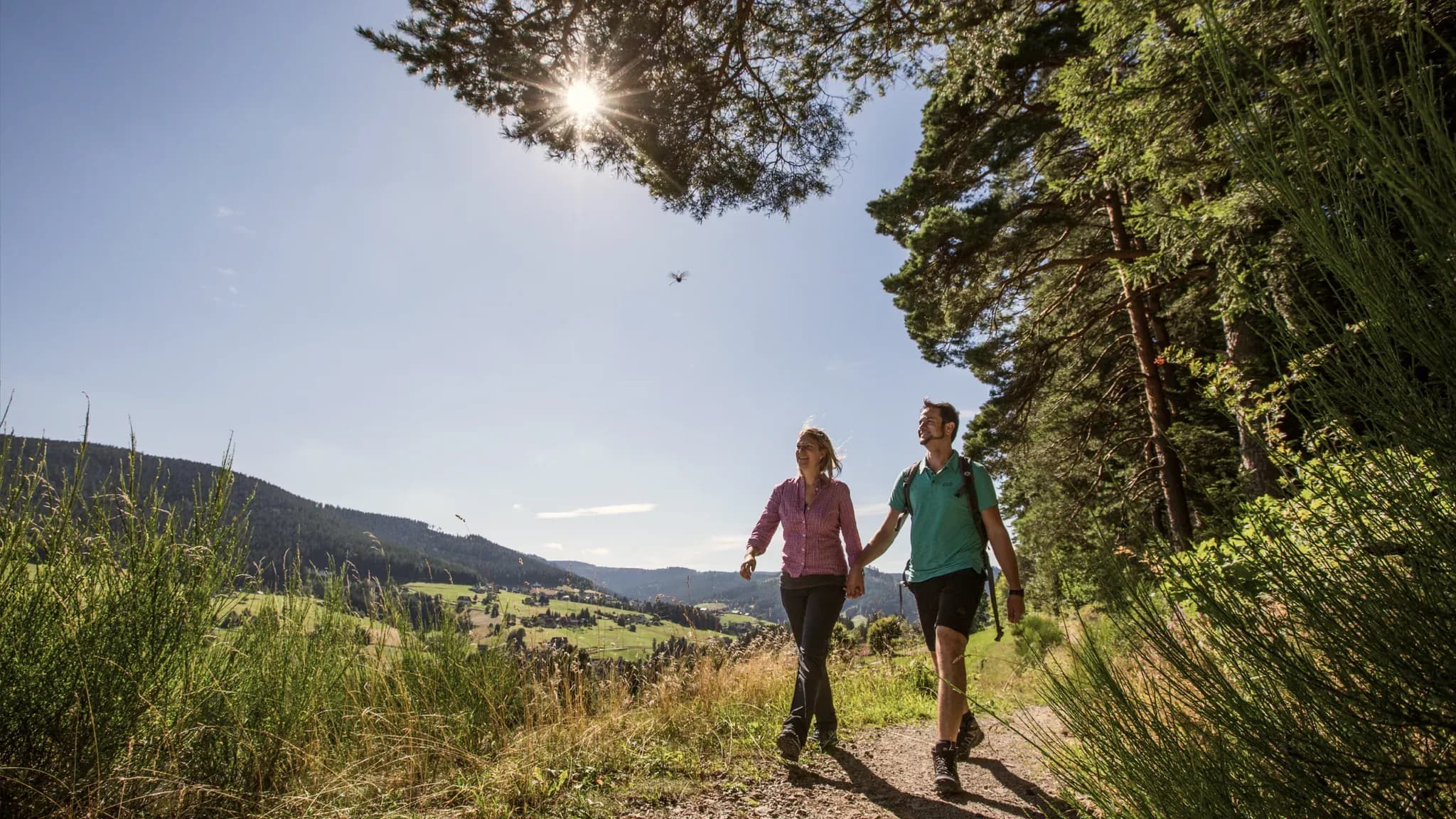 Ein Paar geht Hand in Hand einen sonnigen Wanderweg am Waldrand entlang.