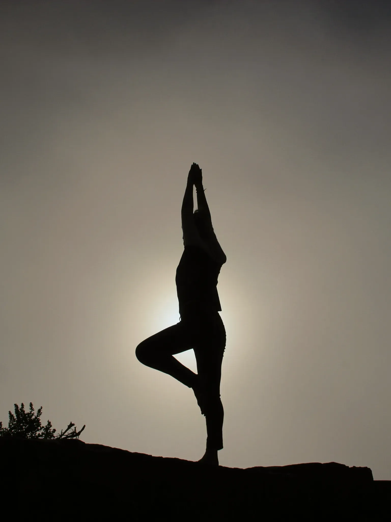 Silhouette einer Person in der Yoga-Baumhaltung vor der tiefstehenden Sonne.