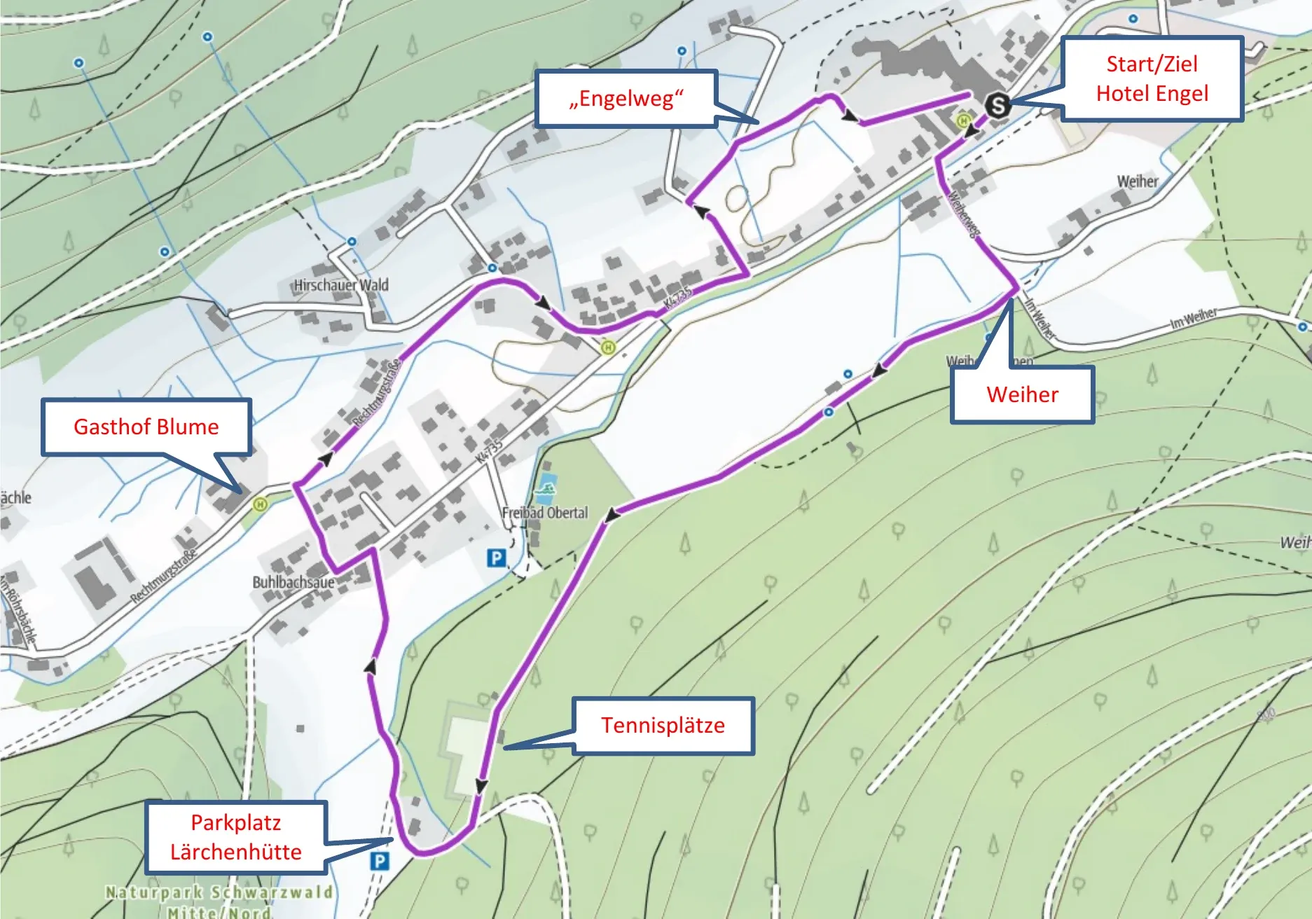 Laufstreckenkarte der Engel-Runde ab Hotel Engel Obertal mit Route über Engelweg, Gasthof Blume, Tennisplätze und Parkplatz Lärchenhütte.