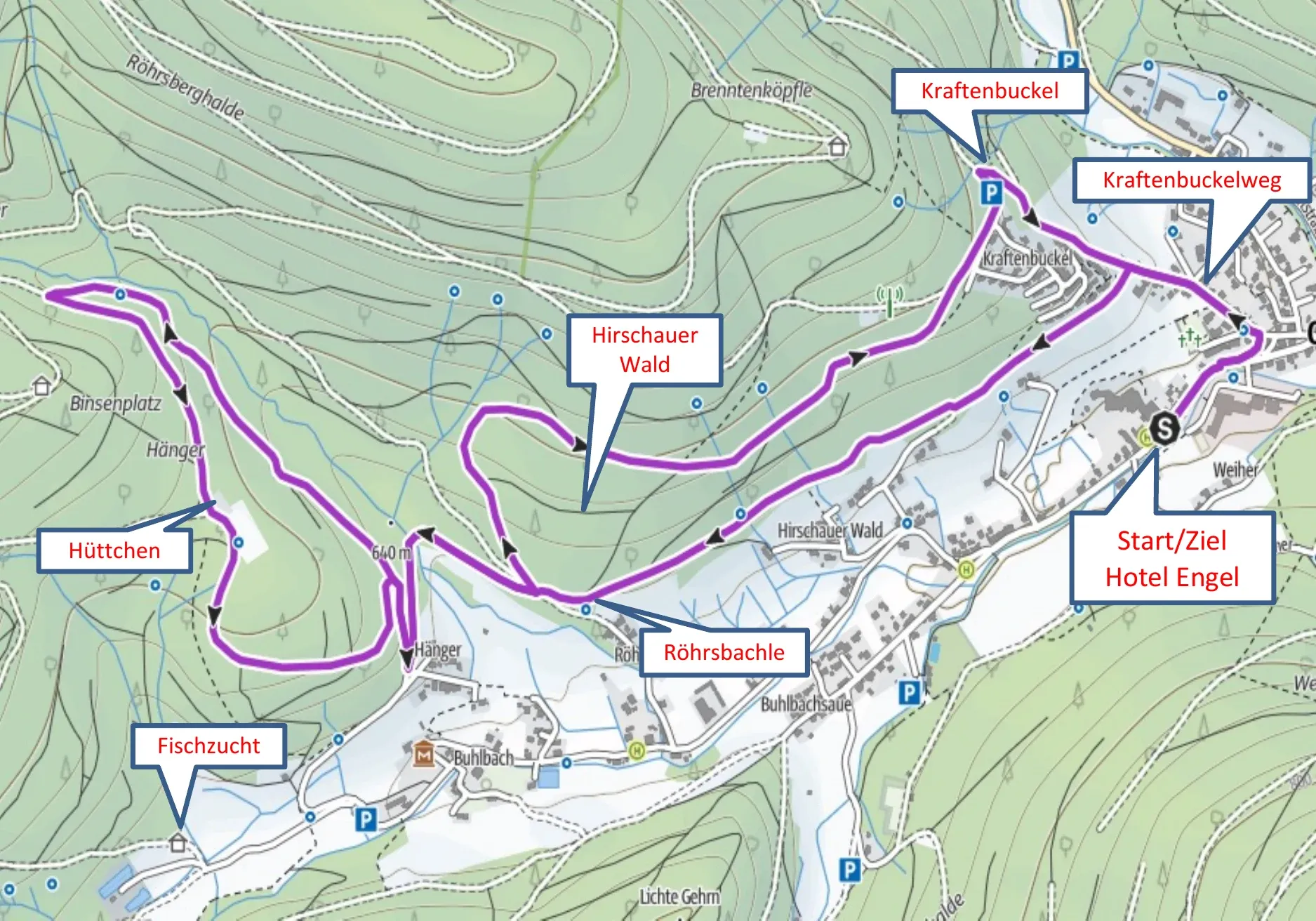 Laufstreckenkarte der Runde ins Buhlbachtal ab Engel Obertal mit Route über Kraftenbuckelweg, Hirschauer Wald, Hänger und Fischzucht.