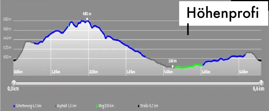 Höhenprofil der Laufstrecke Obertal–Ilgenbachtal: 6,6 km, 119 Höhenmeter.