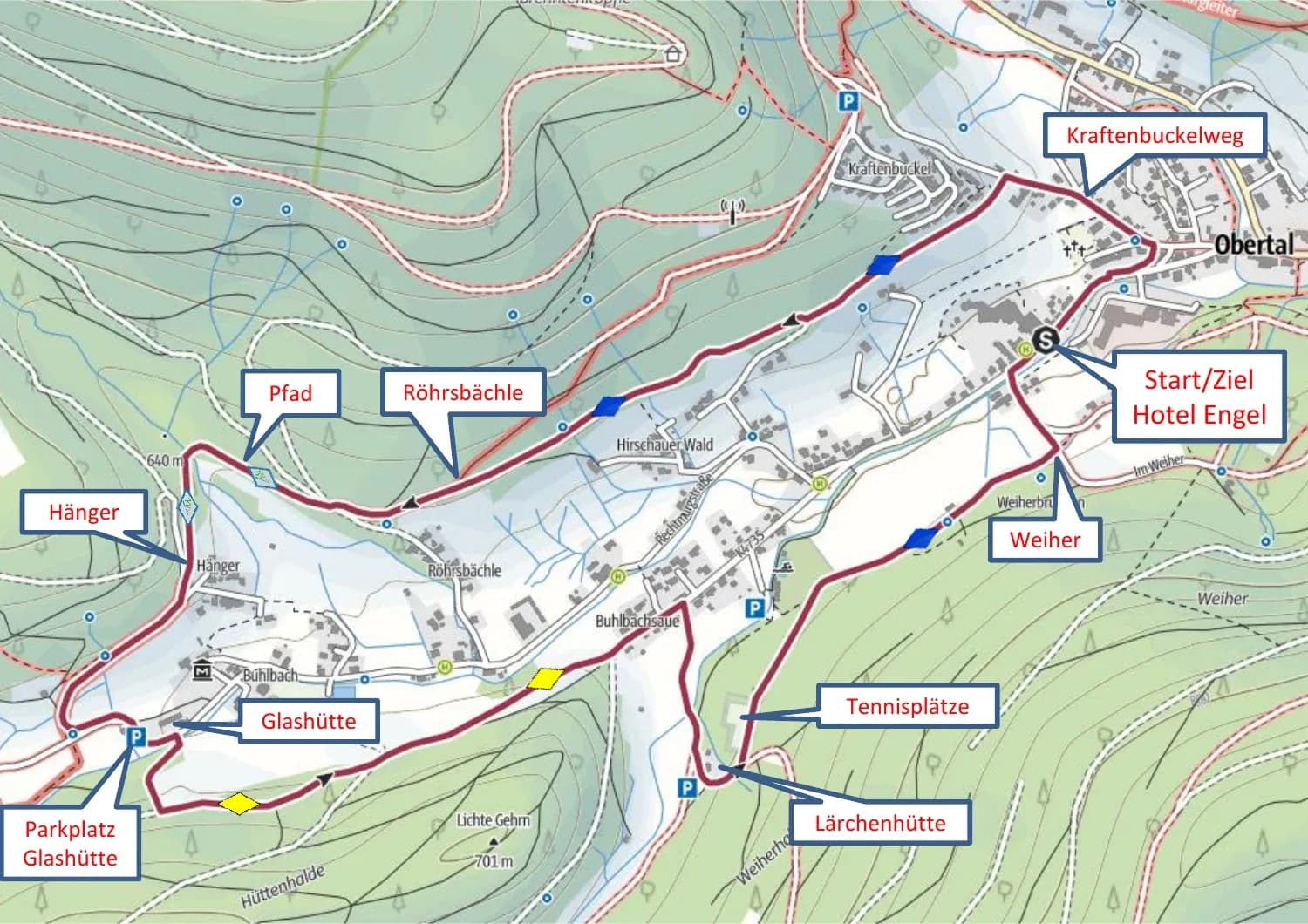 Wanderkarte des Heilklimawegs durchs Buhlbachtal ab Hotel Engel Obertal mit eingezeichneter Route über Röhrsbächle, Hänger und Glashütte.