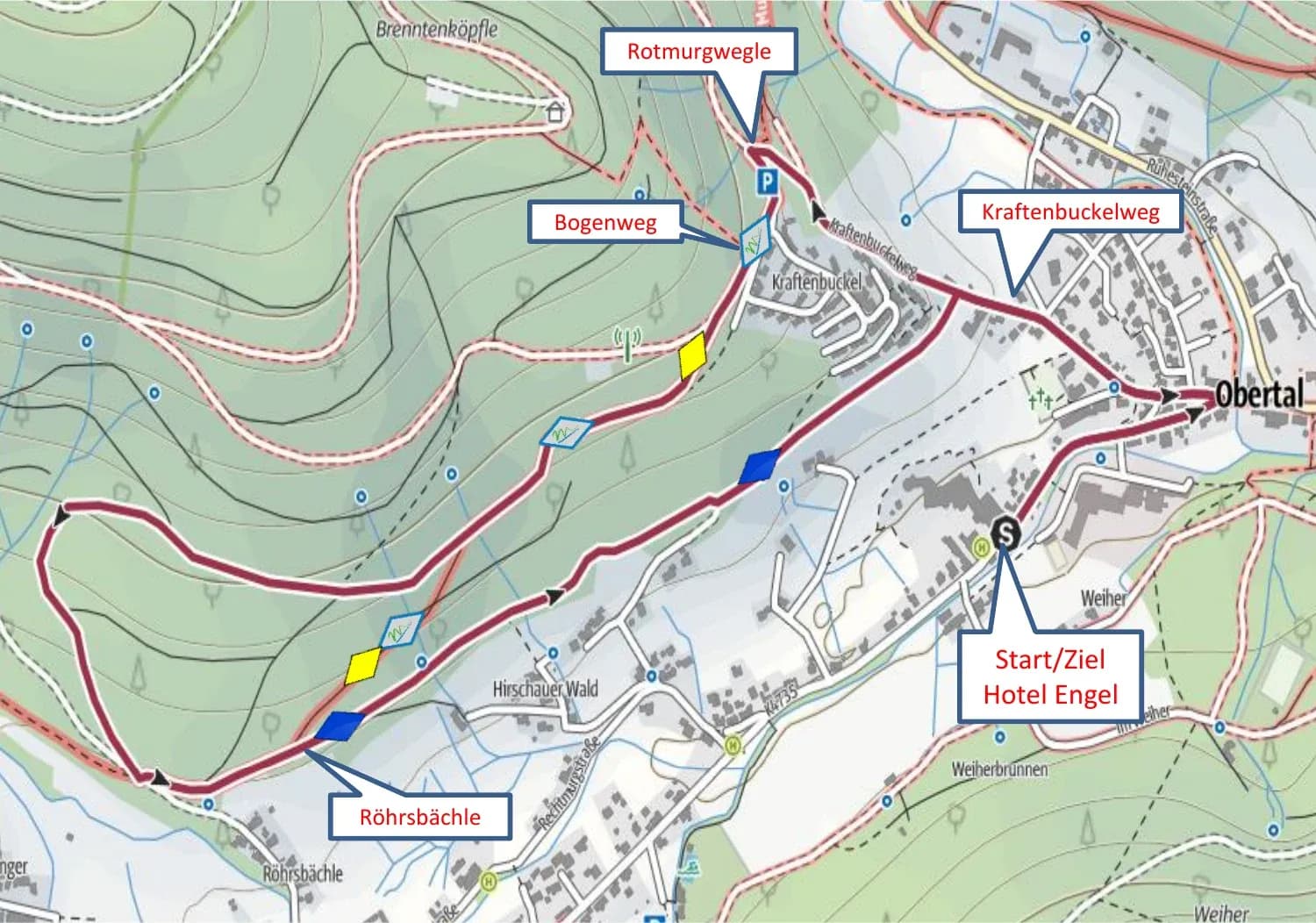 Wanderkarte der Tour Hirschauer Wald ab Hotel Engel Obertal mit eingezeichneter Route über Kraftenbuckelweg, Bogenweg und Röhrsbächle.