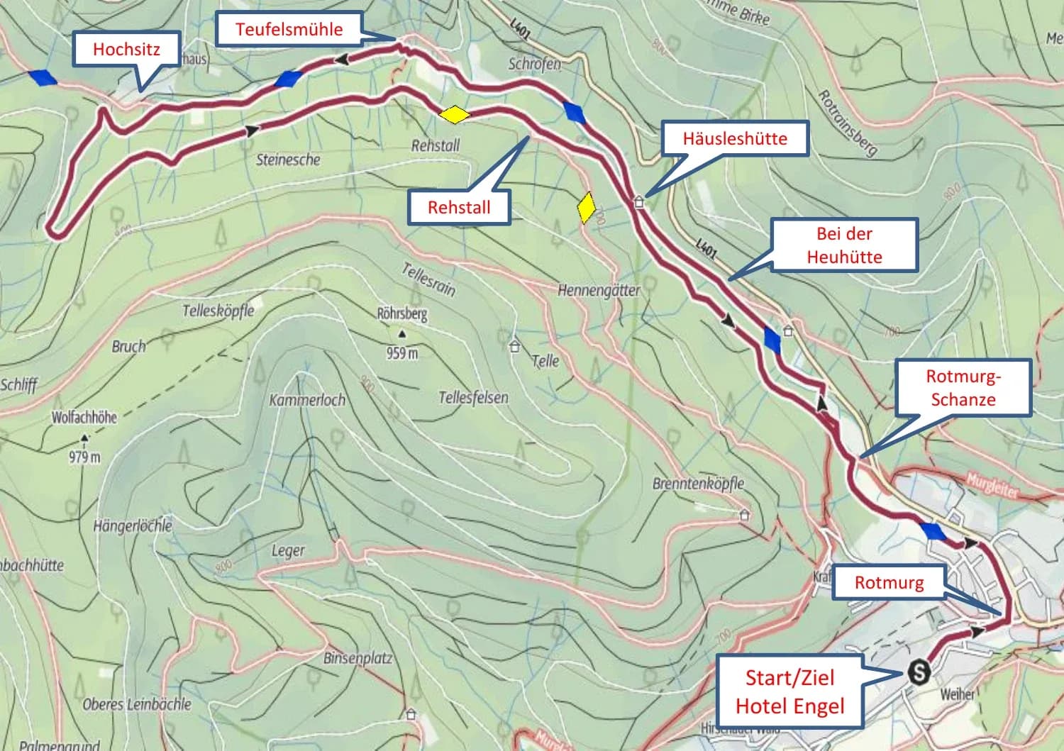 Wanderkarte der Tour ins Rotmurgtal ab Hotel Engel Obertal mit Route über Rotmurg-Schanze, Häusleshütte, Teufelsmühle und Rehstall.