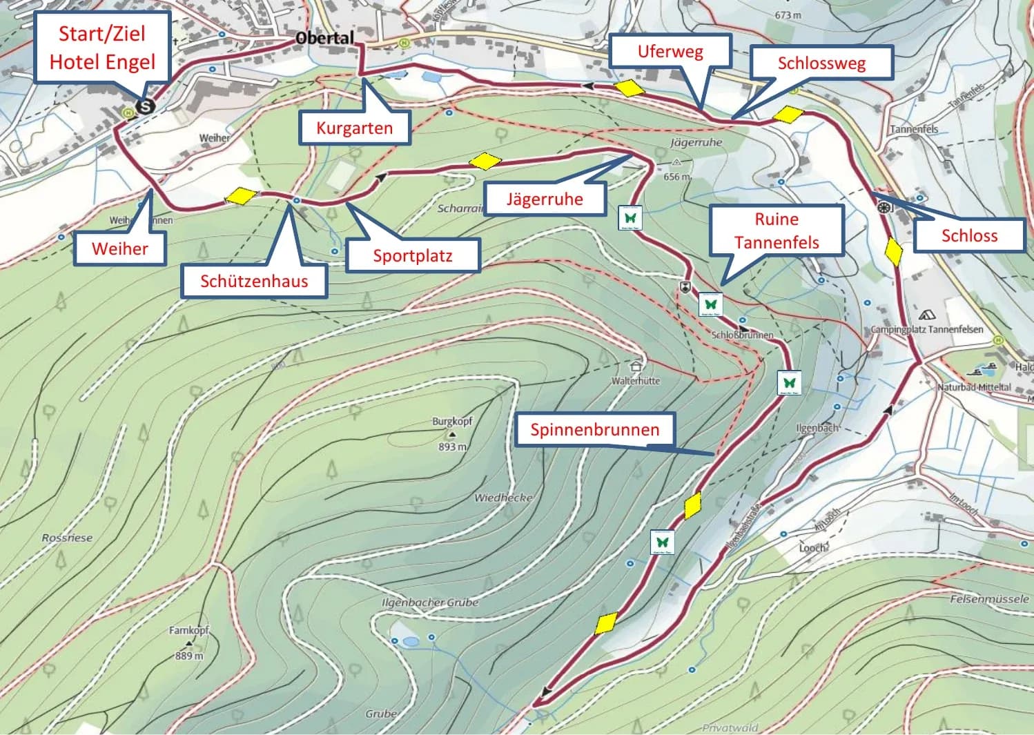 Wanderkarte des Terrainkurwegs durchs Ilgenbachtal ab Hotel Engel Obertal mit Route über Schützenhaus, Jägerruhe, Ruine Tannenfels und Kurgarten.