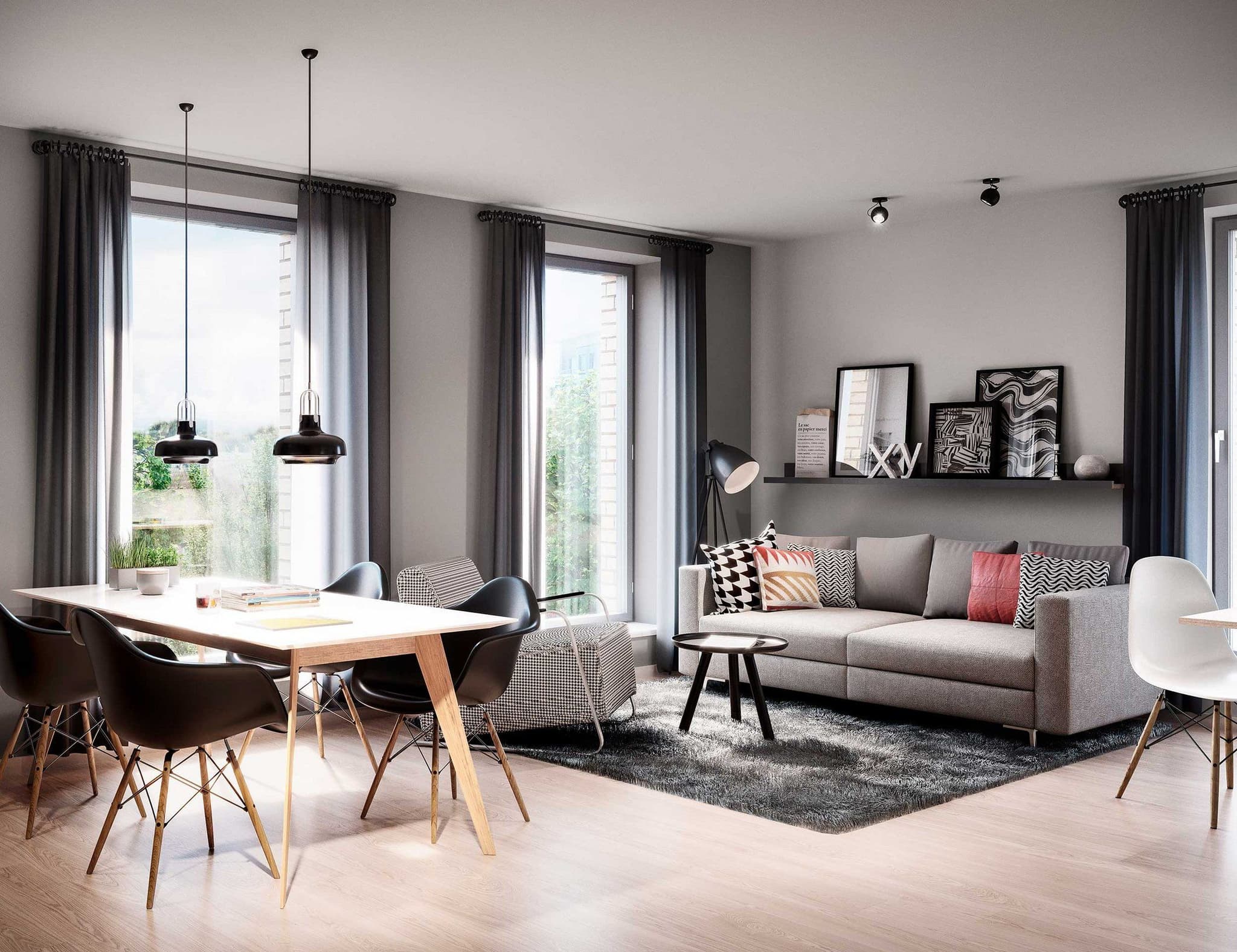 Visualisierung des Wohnbereichs mit Esstisch, schwarzen Stühlen, grauem Sofa und großen Fenstern, Bett & Bude
