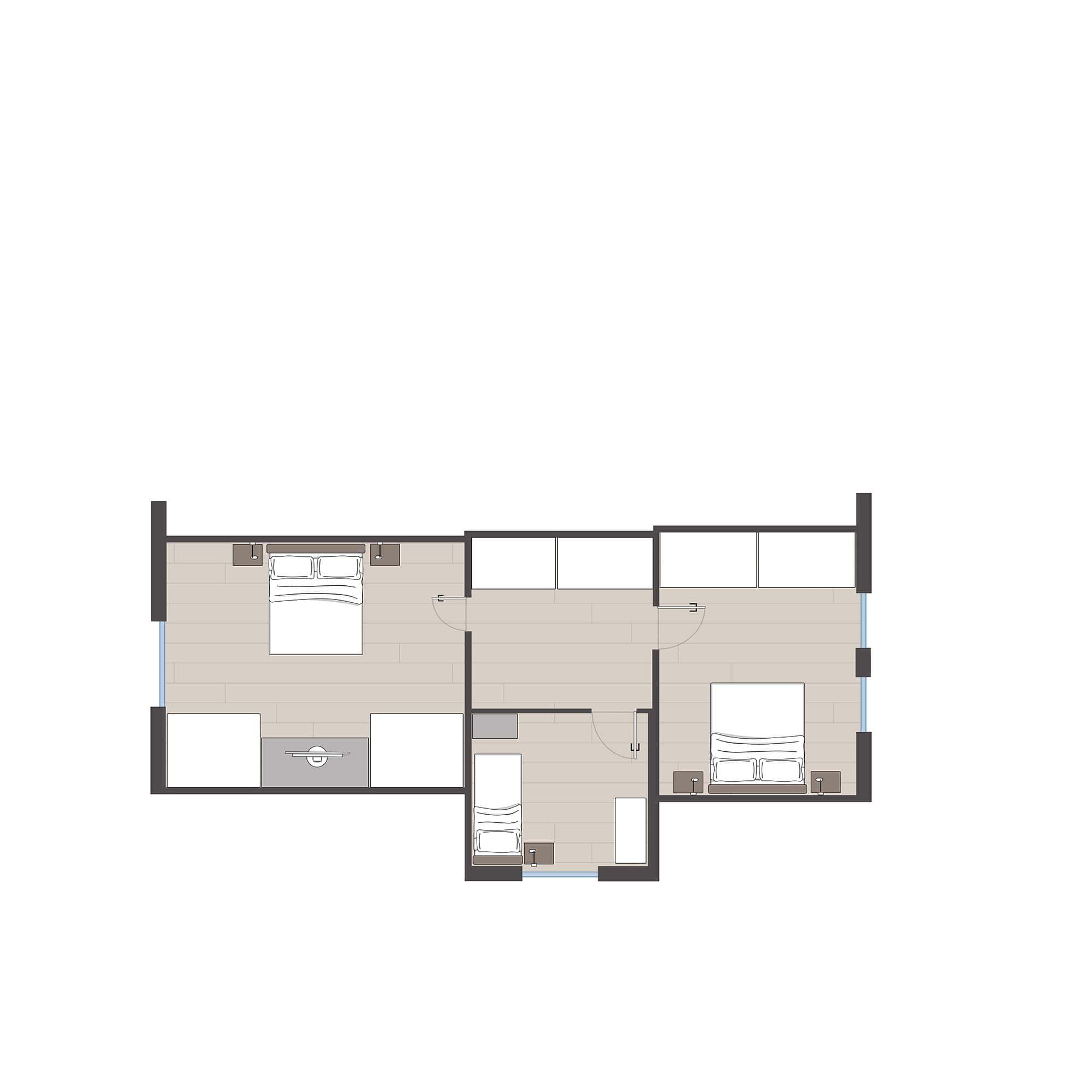 Grundriss Obergeschoss Ferienhaus Fährhüs mit zwei Schlafzimmern mit Doppelbett und einem Einzelzimmer