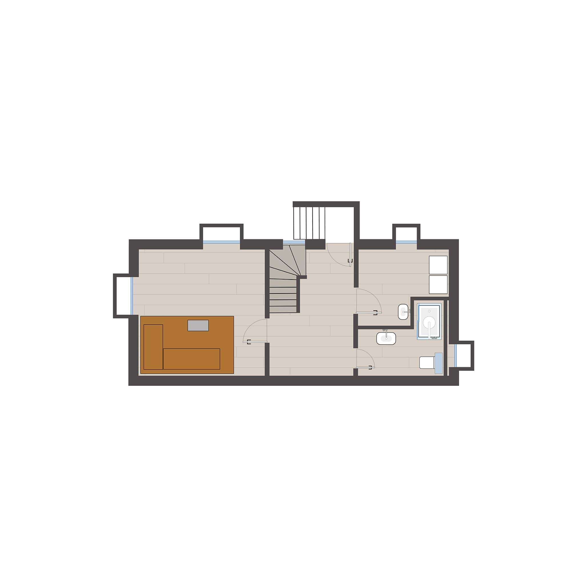 Grundriss Untergeschoss Ferienhaus Lochterbarig mit Wohnraum, Bad und Treppenhaus