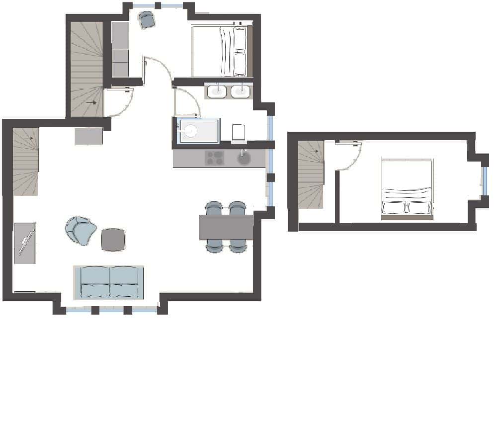 Grundriss Ferienwohnung Tipkenhoog mit Wohnbereich, Küche, zwei Schlafzimmern und Bad